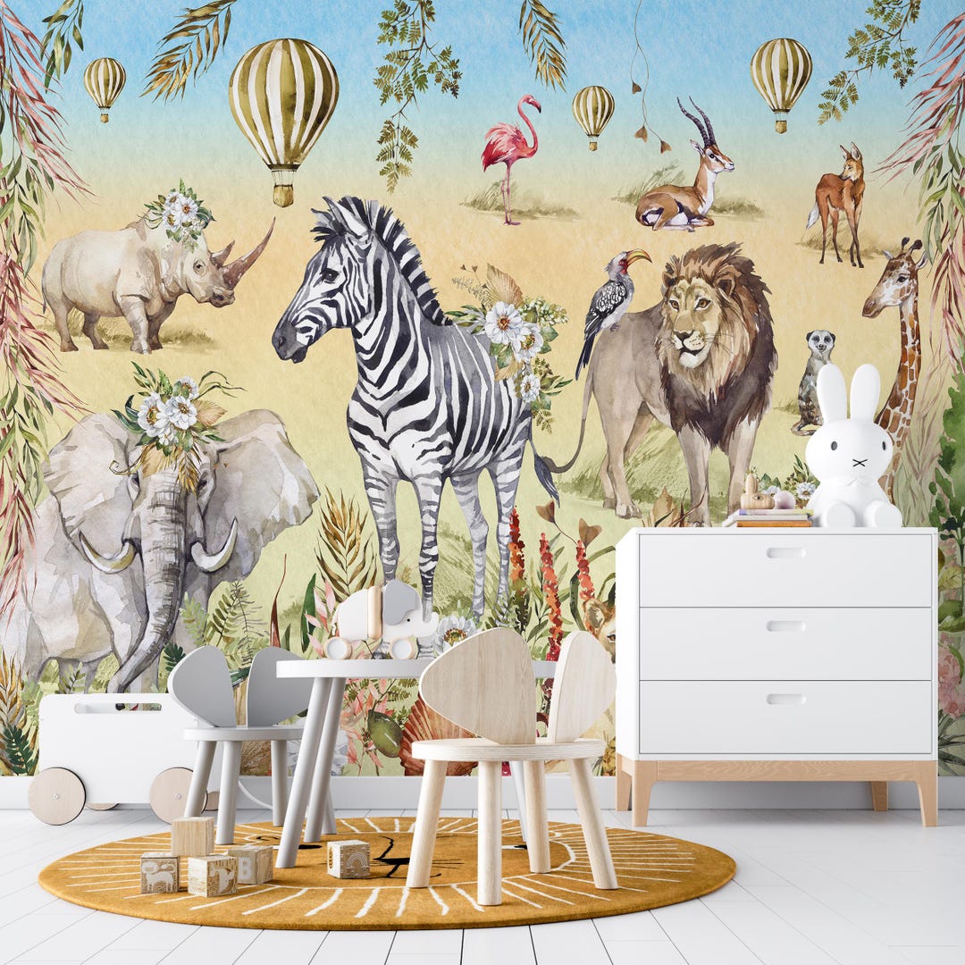 Safari Animals Wall Mural: Peel and Stick Jungle Wallpaper - Etsy