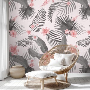 Pink Floral Peel and Stick Wallpaper: Gray Leaves Removable Wall Mural