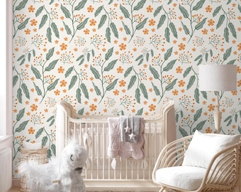 Green Leaf Wallpaper, Botanical Peel and Stick Wall Mural, Nursery Nature Decor