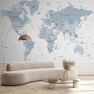 Blau-weiße Weltkarte zum Abziehen und Aufkleben, abnehmbares Wandbild für Büro oder Arbeitszimmer, selbstklebendes, modernes, von Reisen inspiriertes Wandbild