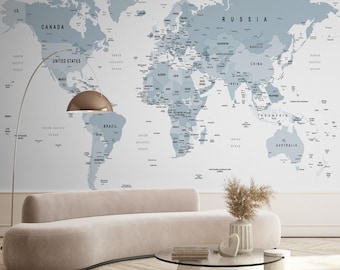 Blue and White World Map Wallpaper: Peel and Stick Mural