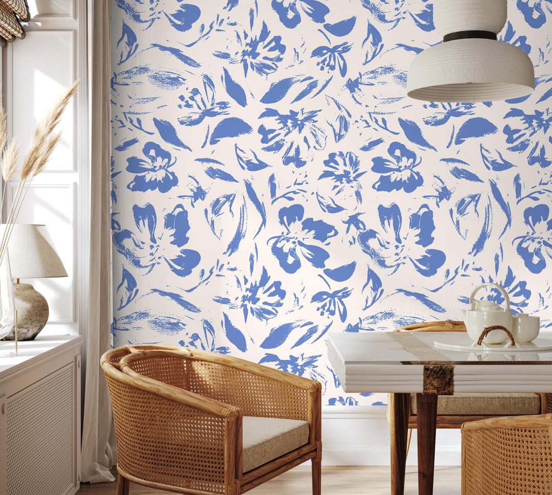 Blue Floral Wallpaper, Hand Painted Botanical Pattern, Vintage Style ...