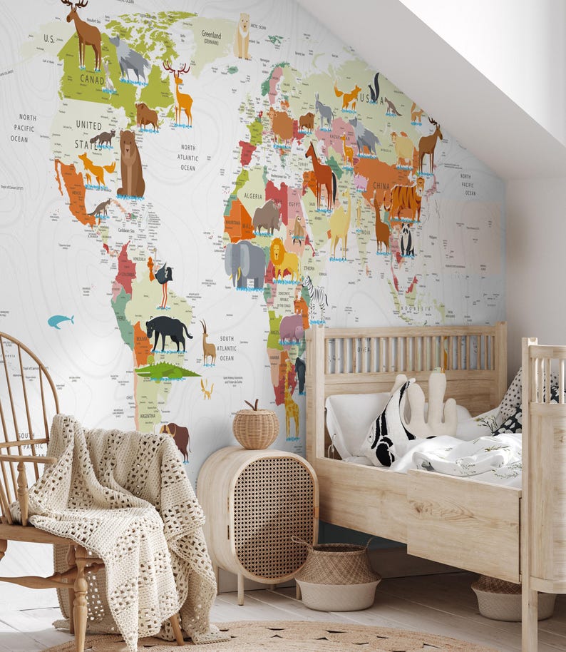 Animal World Map Wallpaper: Kids Room Peel and Stick Wall Mural - Etsy