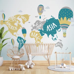 Pastell Kinder Weltkarte zum Abziehen und Aufkleben, benutzerdefinierte Geographie Wandbild für Spielzimmer oder Kinderzimmer, Karten-Wandkunst, Lernwandbild für Kinder