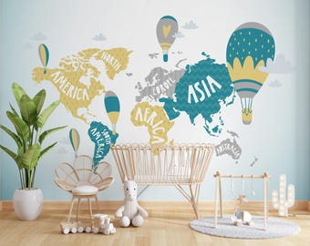 World Map Wallpaper, Geography Peel and Stick Wall Mural