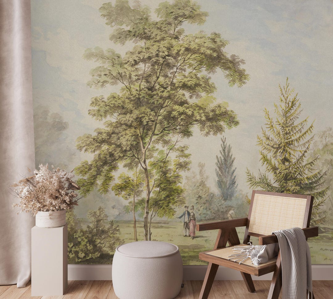Green Tree Wallpaper: Vintage Forest Peel and Stick Wall Mural - Etsy