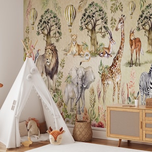 Safari Tiere Kinderzimmer Wandbild: Dschungel Abenteuer Wallpaper, Schälen und Aufkleben
