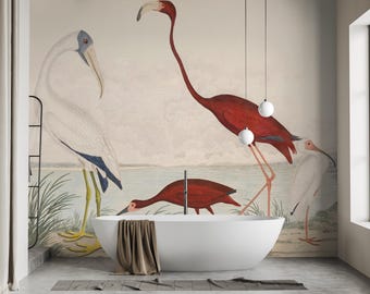 Scarlet Ibis Wall Mural, Vintage Bird Peel and Stick Landscape Wallpaper