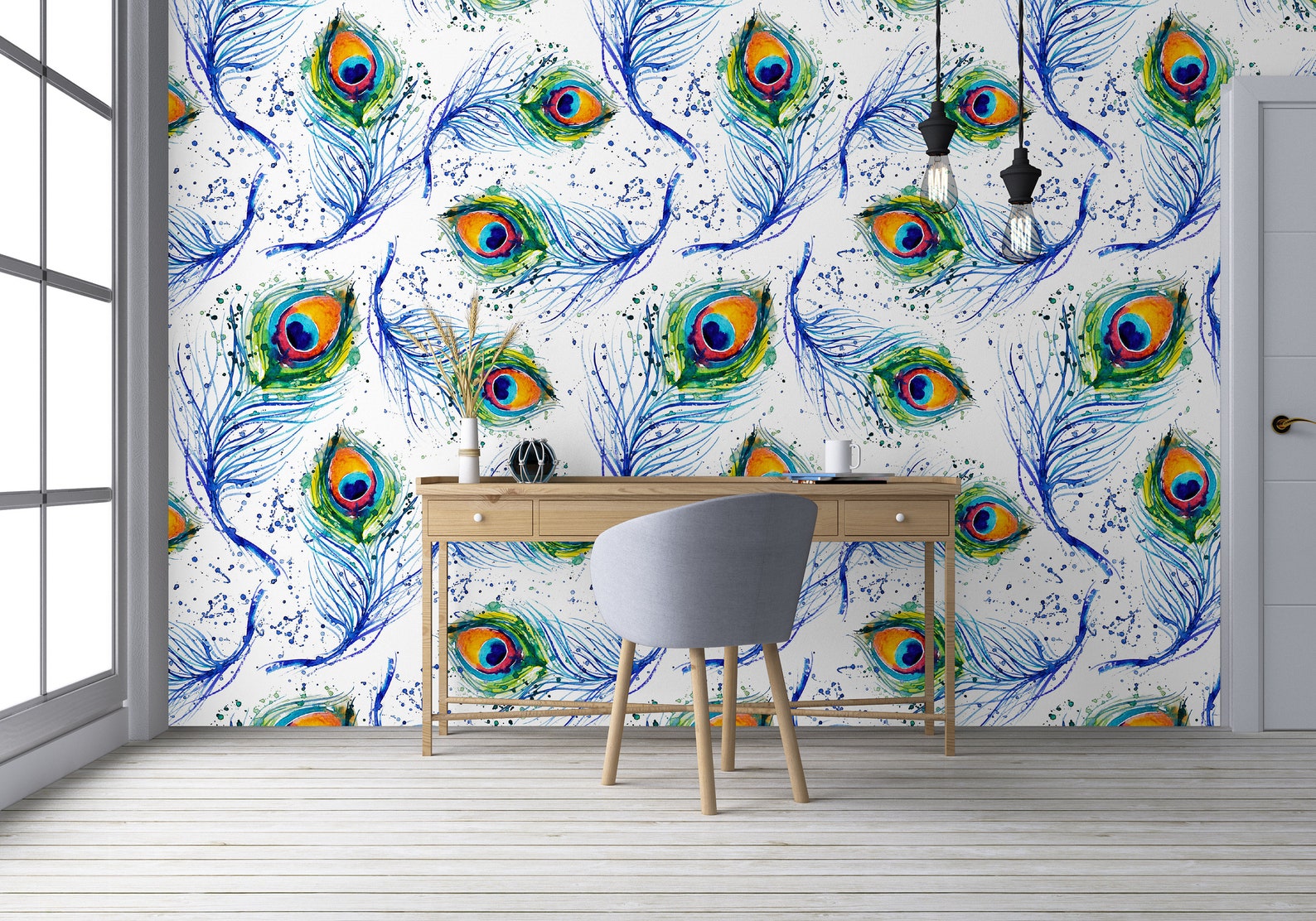 Peacock Feather Wallpaper / Peel and Stick / Removable / Blue | Etsy