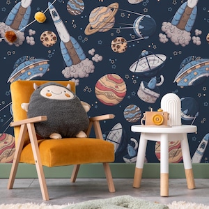 Space Planets Wallpaper for Boys Room, Trendy Peel and Stick Wall Mural for Nursery or Kids Room, Removable Galaxy-Inspired Wallpaper