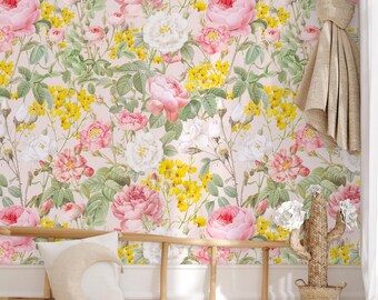 Pink Rose Wallpaper, Vintage Botanical Peel and Stick Wall Mural, English Garden Decor
