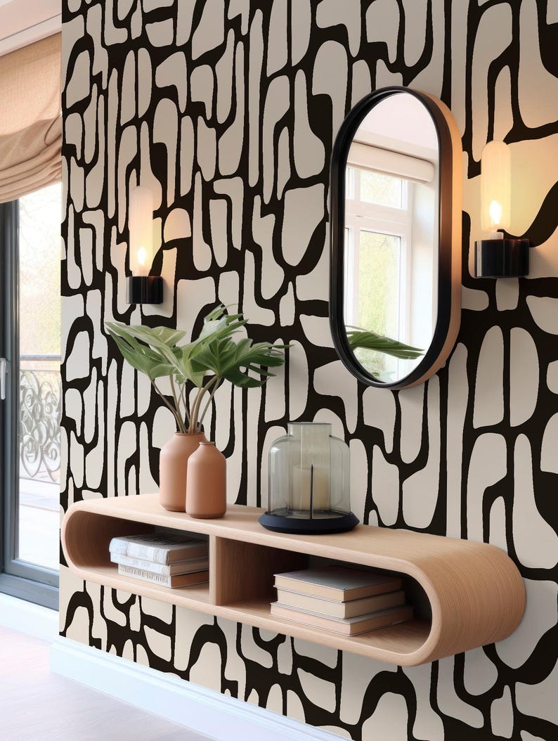 View of Abstract Black and Beige Wallpaper Modern Organic Shapes Mid Century ...