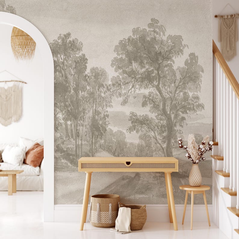 Add timeless elegance to your home with our Soft Tone Vintage Forest Landscape Wall Mural. This peel and stick wallpaper showcases scenic trees and nature-inspired designs, offering easy application and removal for beautiful, lasting decoration. Scenic Panoramic Mural, Landscape Wallpaper, Peel and Stick Wallpaper, Vintage Wallpaper, Removable Wallpaper, Panoramic Mural, Rustic Tree Scenic Mural, Rural Landscape Wallpaper, Scenic Mural, Vintage Mural, Self Adhesive Mural, Traditional Wallpaper