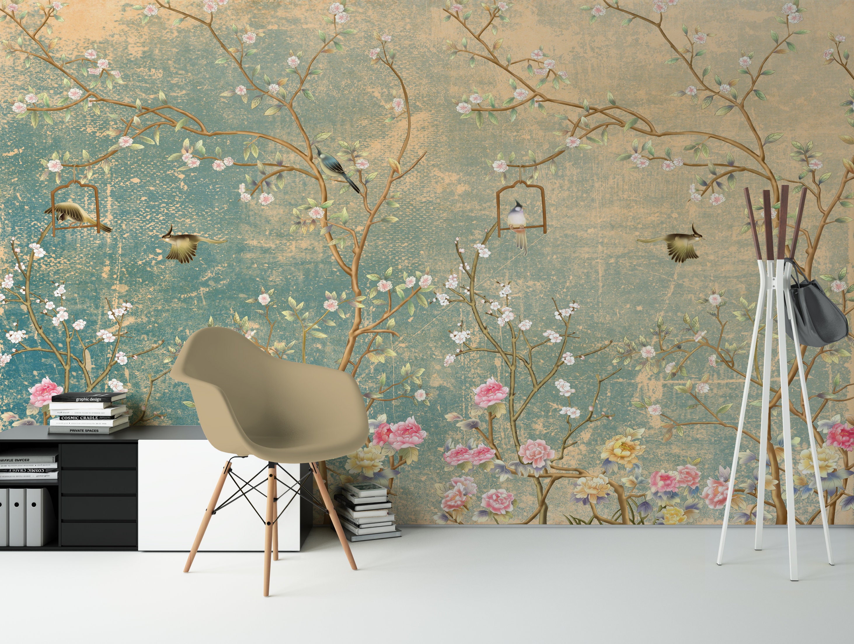 Chinoiserie Wallpaper / Birds Trees Floral Wallpaper / Vintage | Etsy