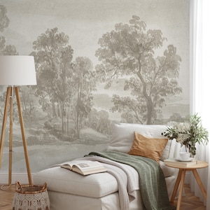 Soft Tone Forest Wallpaper, Vintage Peel and Stick Landscape Wall Mural with Scenic Trees  Timeless Nature Wallpaper for Home