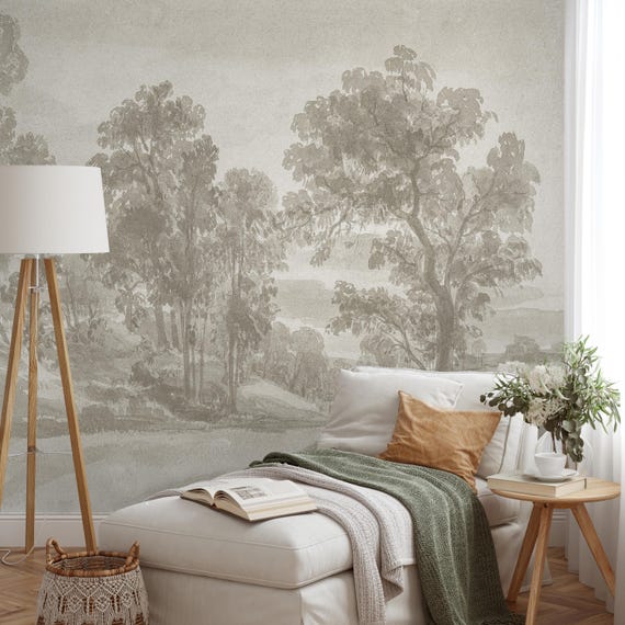 Soft Tone Forest Wallpaper, Vintage Scenic Tree Landscape Peel and Stick Mural
