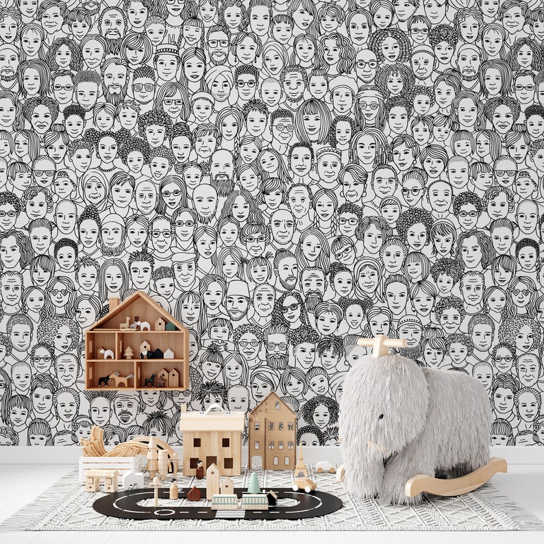 Buy Human Faces Wallpaper, Black and White Pattern Wall Mural, Kids