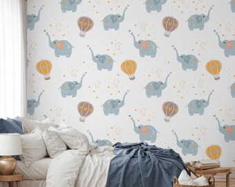 Elephant Nursery Wallpaper, Pastel Jungle Animal Peel and Stick Wall Mural