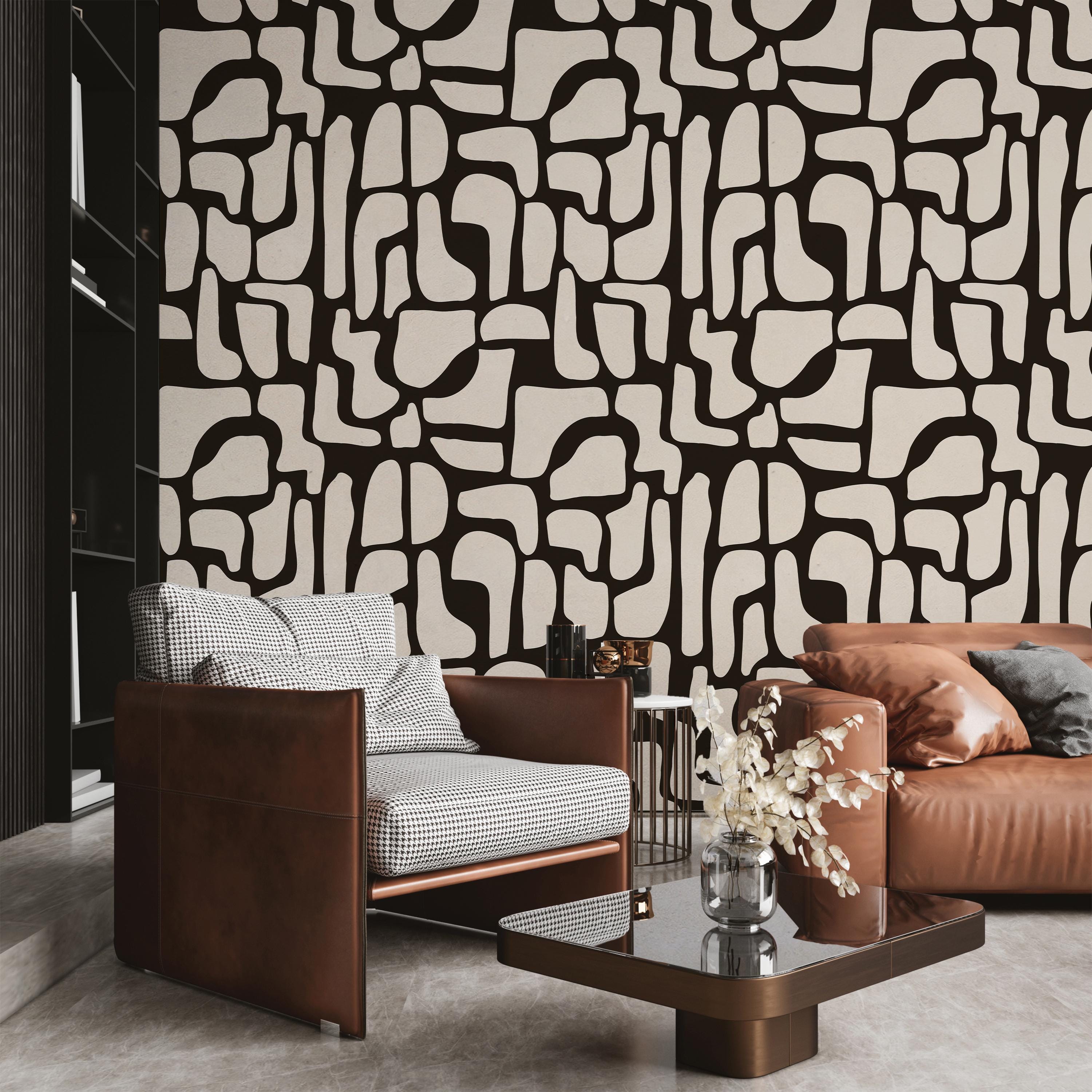 Abstract Black and Beige Wallpaper Modern Organic Shapes Mid Century