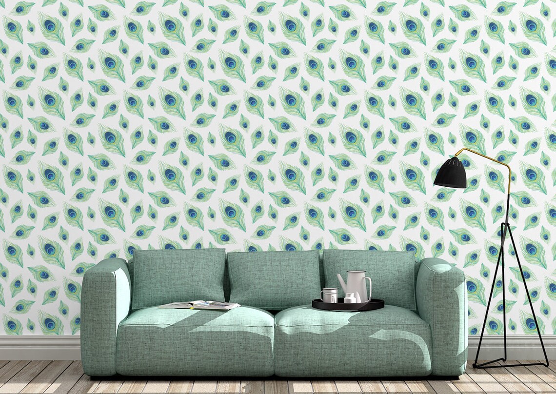 Peacock Feather Wallpaper / Home Decal / Peel and Stick / | Etsy