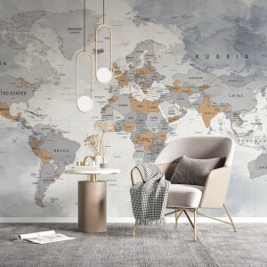 Gray and Brown World Map Wallpaper | World Map Wallpaper | Wall Mural | Self Adhesive wallpaper | Removable Wallpaper | Peel and Stick Mural