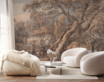 Forest Landscape Wall Mural, Vintage Earth Tone Peel and Stick Wallpaper