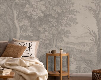 Scenic Landscape Wall Mural, Beige Panoramic Peel and Stick Wallpaper