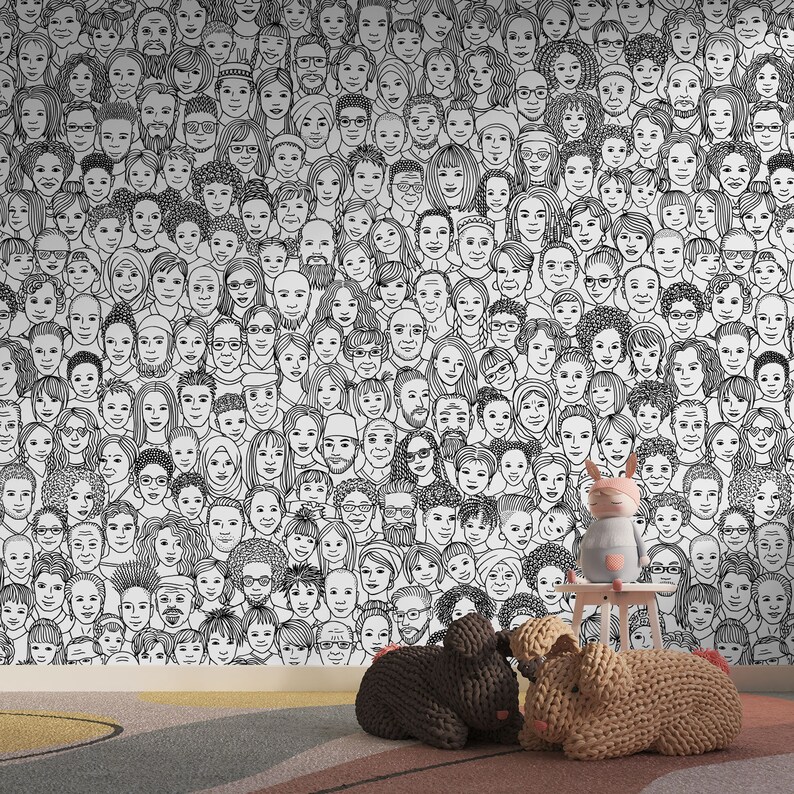 Buy Human Faces Wallpaper, Black and White Pattern Wall Mural, Kids