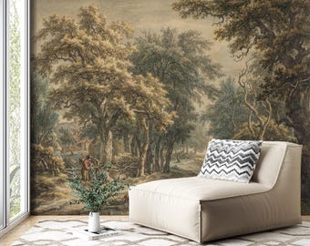 Tree Landscape Wall Mural, Vintage Rustic Forest Peel and Stick Wallpaper