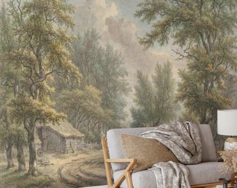 Könnte beinhalten: Ein Wandbild mit einer ruhigen Waldlandschaft, einem kleinen Holzgebäude und einem gewundenen Pfad. Das Kunstwerk verwendet eine gedämpfte Farbpalette aus Grün-, Braun- und Blautönen, die eine ruhige und natürliche Atmosphäre erzeugt. Ein Sofa und ein Beistelltisch befinden sich im Vordergrund.