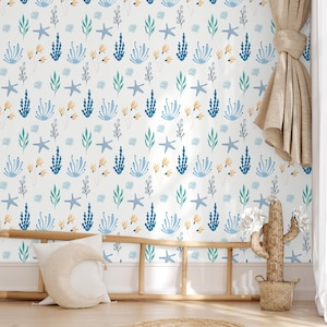 Starfish & Sea Life Nursery Wallpaper, Peel and Stick Ocean Mural with Coastal Creatures, Removable Baby Room Wall Art for Calm Spaces