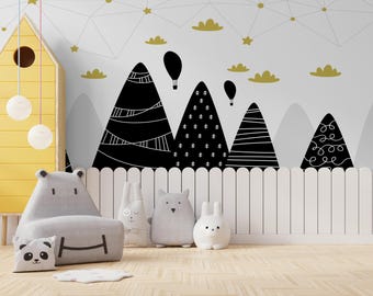 Hot Air Balloon Wallpaper, Mountain Peel and Stick Wall Mural, Nursery Decor