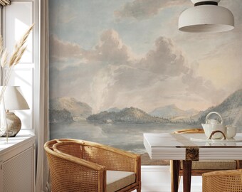 Lake Landscape Wall Mural, Vintage Coastal Peel and Stick Wallpaper