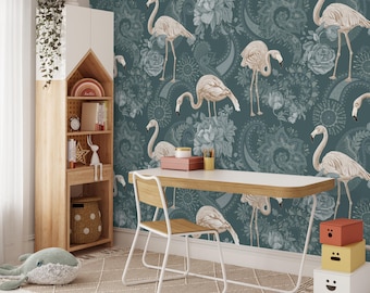 Tropisch flamingobehang, jungle muurschildering voor de kinderkamer (zelfklevend).