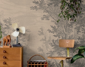 Beige Forest Wall Mural, Soft Rustic Tree Peel and Stick Wallpaper