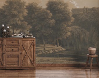 Dark Forest Wall Mural, Vintage Panoramic Peel and Stick Wallpaper