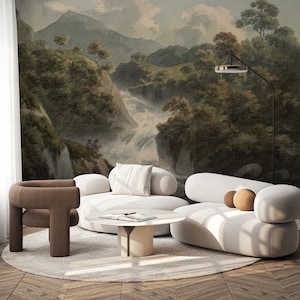Romantic Waterfall Landscape Wall Mural, Dark Vintage Nature Wallpaper for Living Room, Tranquil Mountain River Wall Art for Rustic Mural