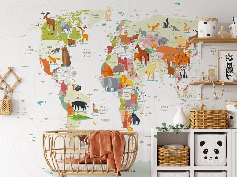 Animal World Map Wallpaper: Kids Room Peel and Stick Wall Mural - Etsy