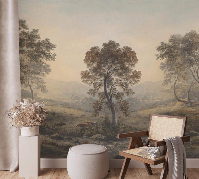 Vintage Scenic Tree Wallpaper, Panoramic Forest Landscape Wall Mural - Etsy
