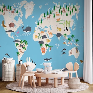 Papel tapiz infantil con mapa del mundo animal, mural autoadhesivo despegable para guardería o sala de juegos, mural educativo autoadhesivo, arte mural de geografía.
