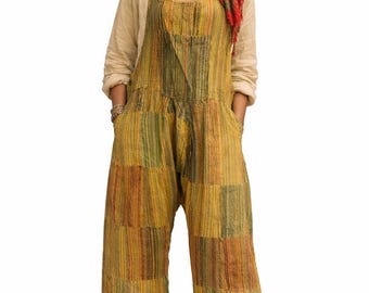 Boho Patchwork Cotton Overalls, Handmade Hippie Festival Jumpsuit, Loose Fit Romper