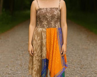 Boho Patchwork Cotton Sundress: Handmade Hippie Festival Dress