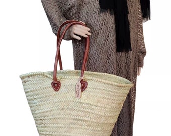 Straw bag French basket handle long leather French market basket beach bag handmade bag woven bag wholesale Moroccan baskets