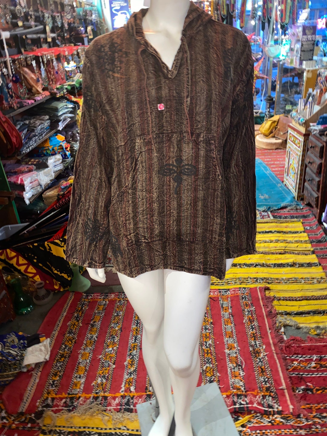 Mexican Baja Jerga Hoodie Hippie Festival TOP, blue & black, M
