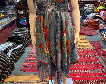 Patchwork Silk Handkerchief Dress: Versatile Boho Hippie Style
