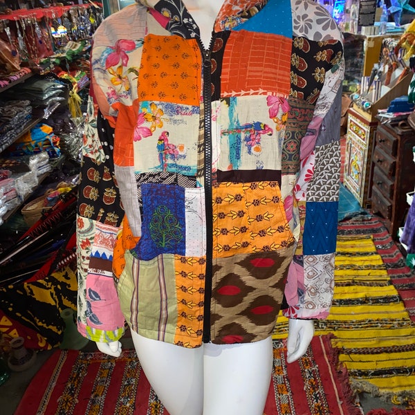 Baja Patchwork Jacket, Boho Hippie Baja Jacket, Baja Patchwork Sweatshirt Hoodie size xxl