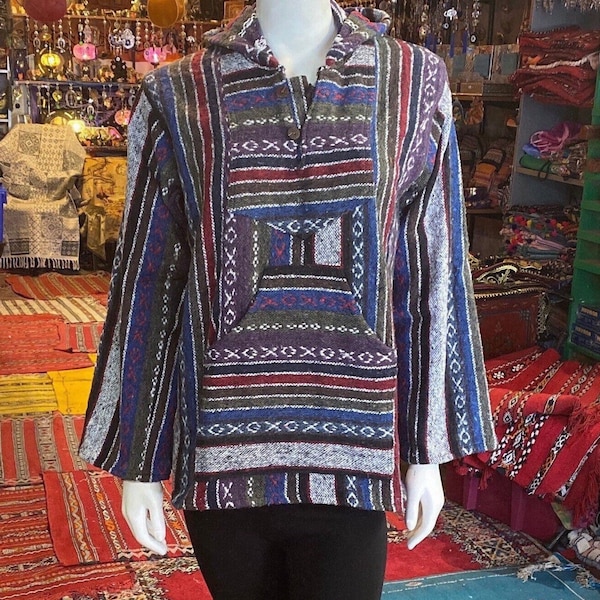 Soft Baja Hippie Hoodie, Mexican Baja, Drug Rug Hoodie, Boho Cotton Festival Sweatshirt, Size Small