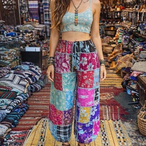 Handmade Patchwork Cotton Pants – Boho Festival Wide Leg Style