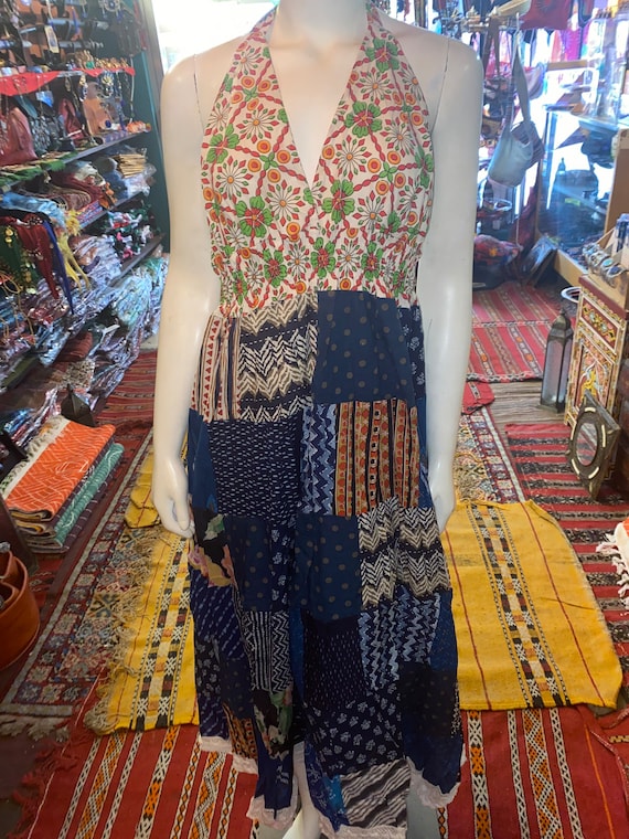 Handmade Patchwork Cotton Maxi Dress: Bohemian Halter Sundress Handmade Patchwork Cotton Maxi Dress: Bohemian Halter Sundress
