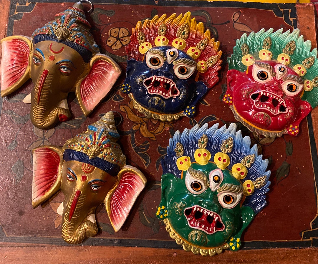 Brass Nepalese Masks, Ganesh Wall Decor Handmade in Nepal, Metal Ganesh